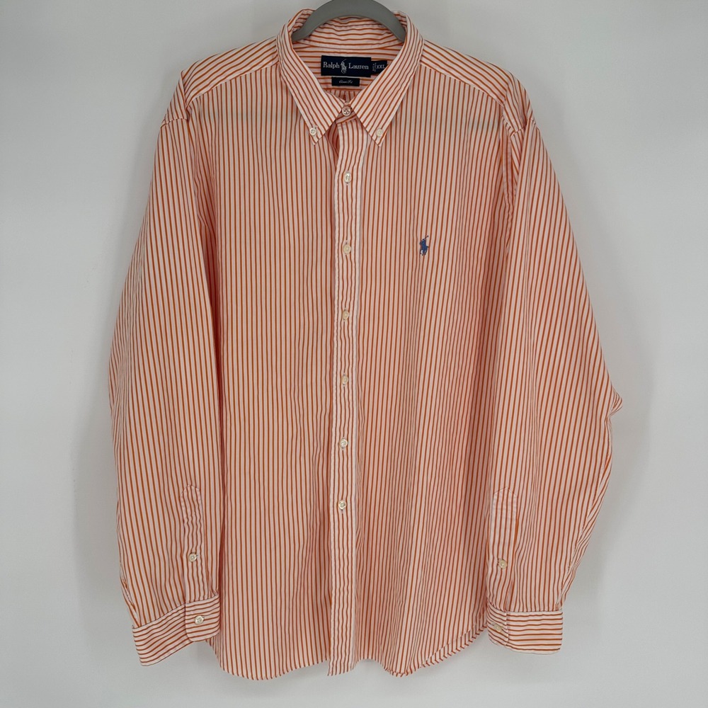 Vintage Ralph Lauren Mens XXL Orange White Striped Classic Fit Button Down Shirt